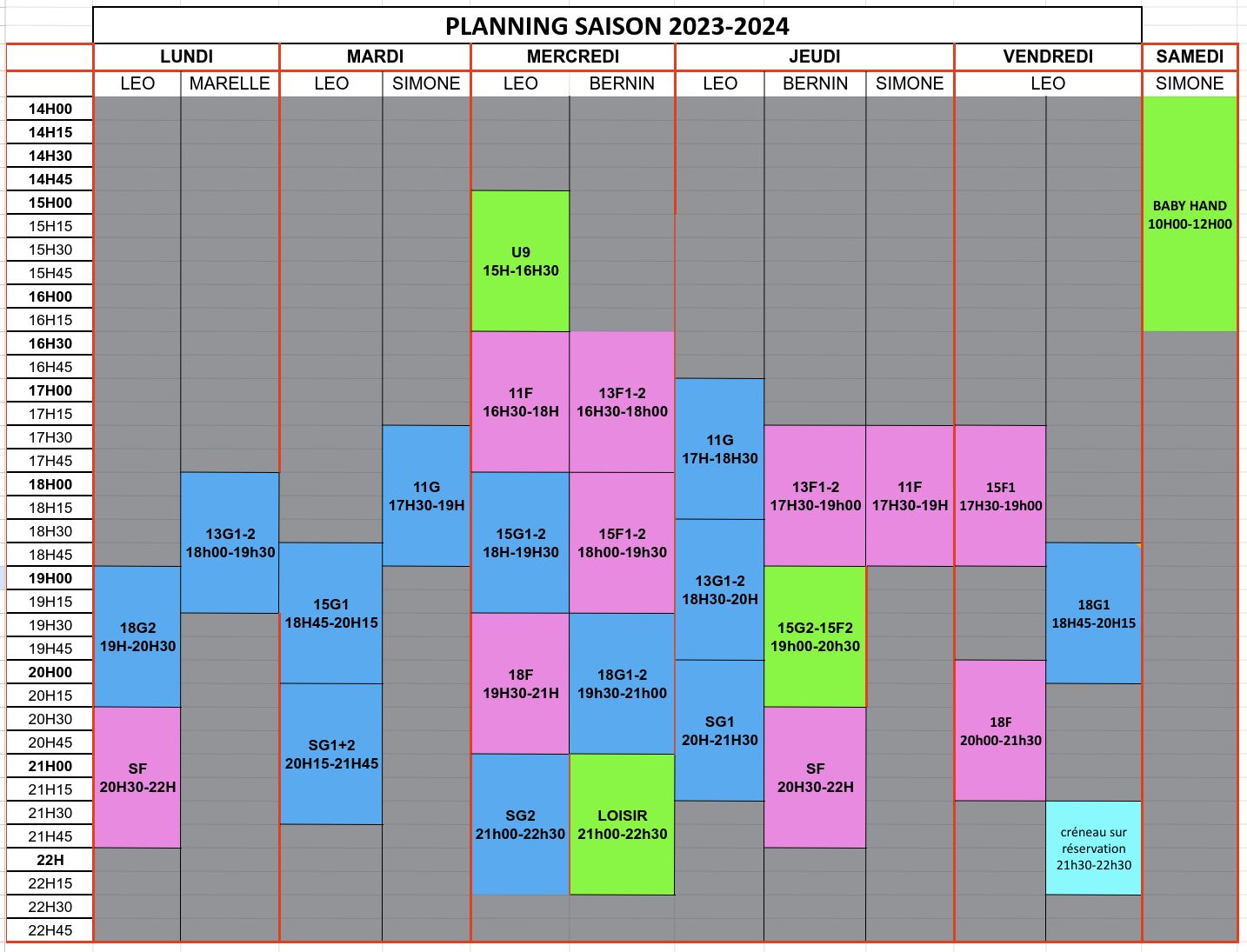Planning entrainements saison 2023-2024
